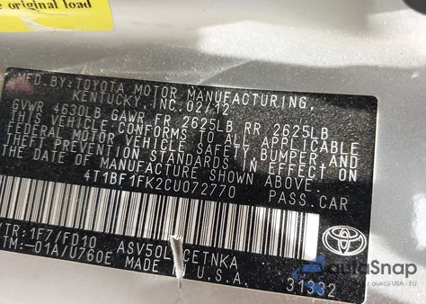 2012 Toyota Camry Le z USA, uszkodzony, nr VIN 4T1BF1FK2CU072770